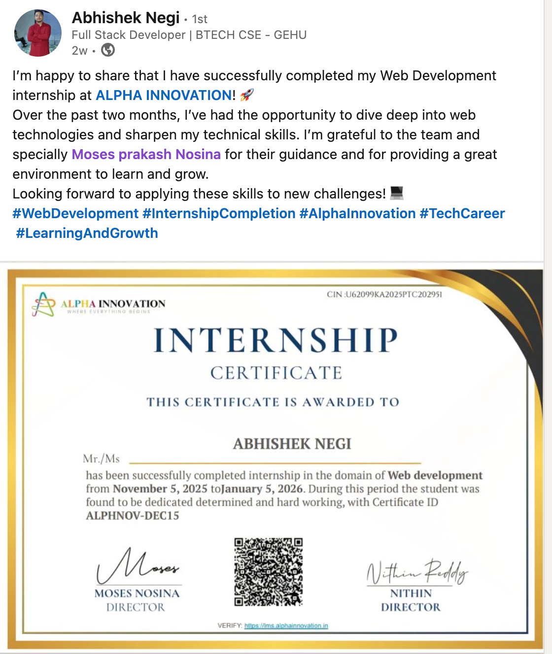 Abhishek Negi LinkedIn post