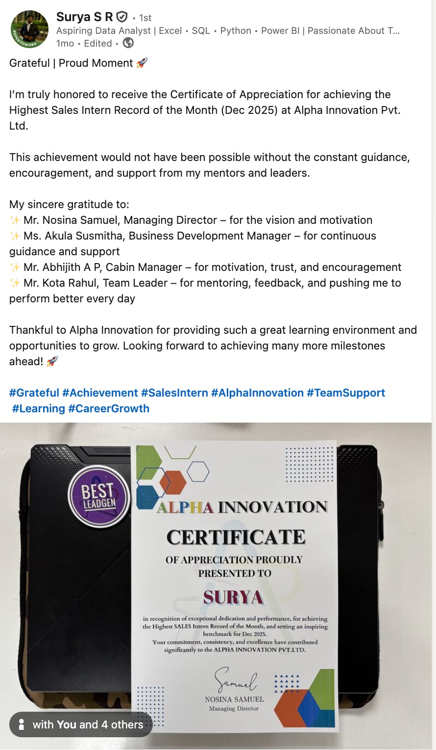 Surya S R LinkedIn post
